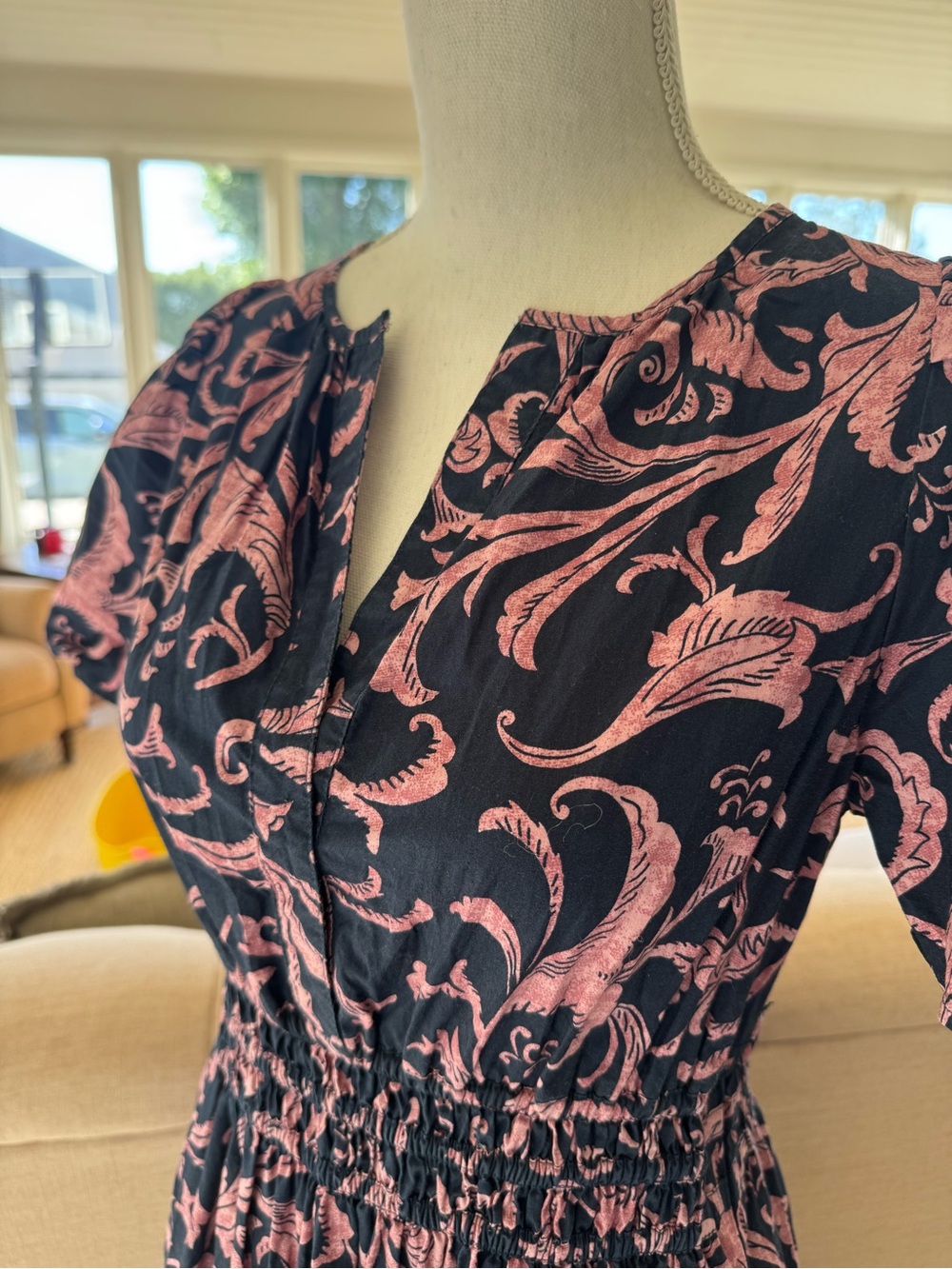 Anthropologie Black Midi Dress with Pink Scroll Print